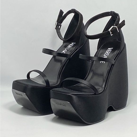 Versace 3 Strap Satin Platform Wedge Sandals size 37 - Picture 8 of 14